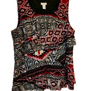 Chicos Red/Black Geo-Tribal Print Sleeveless Stretch Tiered Shell Tank‎ Sz 1
